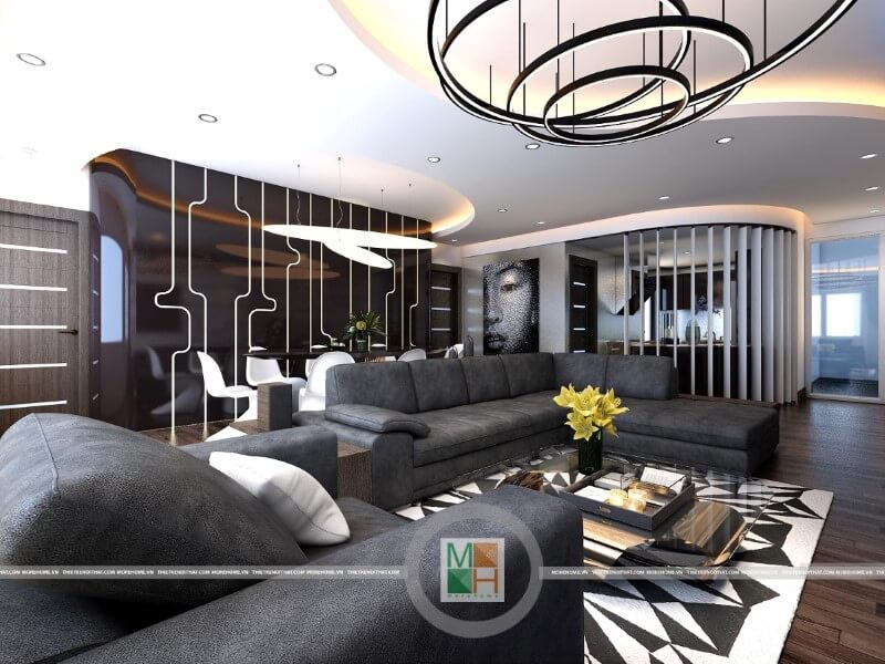 Mẫu thiết kế nội thất phòng khách chung cư hiện đại với đồ nội thất sang trọng: sofa da cao cấp, đèn trang trí, gỗ ốp sàn,...mang đến không gian sống đẳng cấp cho gia chủ Thiết kế phòng khách chung cư