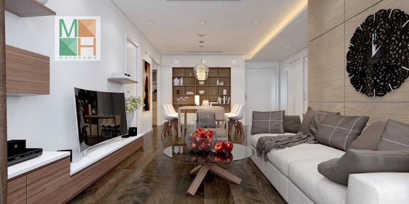 Mẫu thiết kế phòng khách hiện đại với cách bố trí đồ nội thất khoa học hợp lí sử dụng các tủ gỗ đa năng vừa đảm bảo tính thẩm mỹ vừa mang lại sự thuận tiện cho gia chủ. Thiết kế phòng khách chung cư