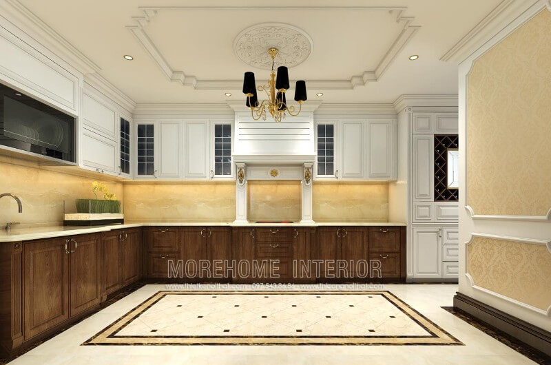 Mẫu thiết kế tủ bếp tân cổ điển được làm từ gỗ óc chó nhập khẩu cao cấp, các đường nét chạm khắc nhẹ nhàng tạo sự sang trọng không rối mắt người nhìn. Thiết kế phòng bếp, tủ bếp đẹp