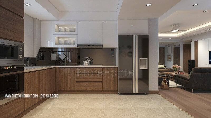 Tủ bếp dưới sử dụng chất liệu gỗ công nghiệp dán Veneer, tủ bếp trên được sử dụng với chất liệu gỗ công nghiệp phủ bề mặt acrylic tiện nghi, đa năng Tủ bếp đẹp, sang trọng và đẳng cấp