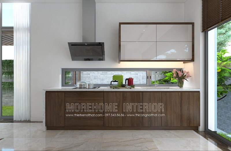 Tủ bếp hiện đại với sự kết hợp hài hòa giữa 2 tone màu trắng và nâu óc chó chủ đạo mang lại không gian nội trợ sang trọng và cuốn hút Tủ bếp đẹp, sang trọng và đẳng cấp