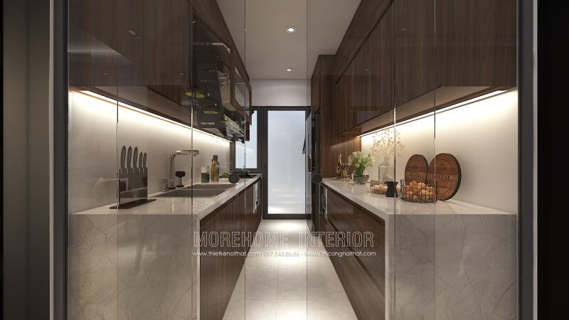 Thiết kế tủ bếp đẹp riêng biệt với khu vực sinh hoạt khác, gia chủ cũng lựa chọn sử dụng kết hợp với cửa kính cường lực giúp cho mùi dầu mỡ không bay ra ngoài ảnh hưởng đến các không gian khác Tủ bếp đẹp, sang trọng và đẳng cấp