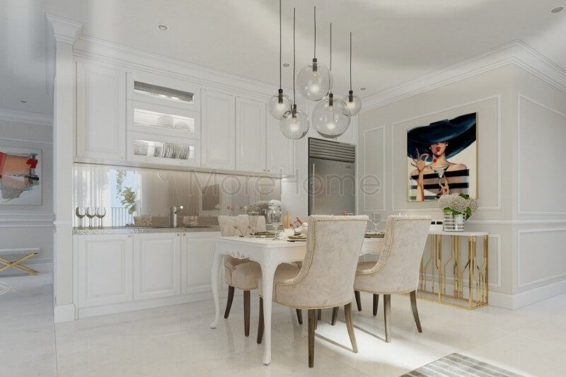 Bộ bàn ăn đẹp với lối thiết kế đơn giản, ghế tựa sủ dụng các chi tiết trang trí và chất liệu nhung làm chủ đạo, gợi mở tính cổ điển, đầy sang trọng và quý phái.