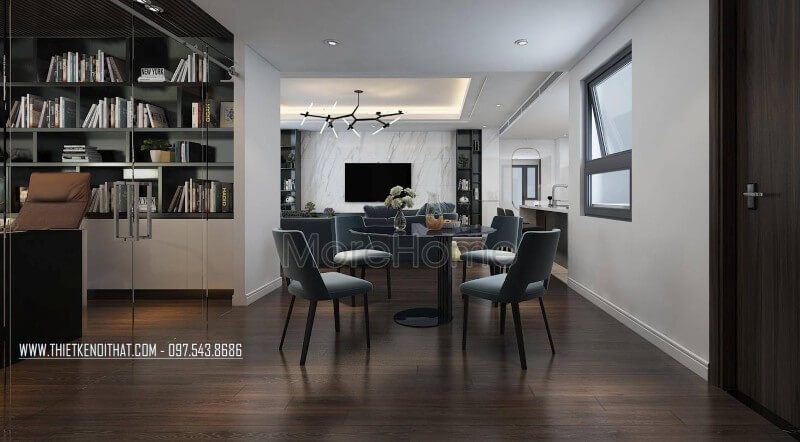 Phòng ăn được thiết kế khá đơn giản với bộ bàn ăn 4 ghế từ chất liệu gỗ công nghiệp đẹp hiện đại