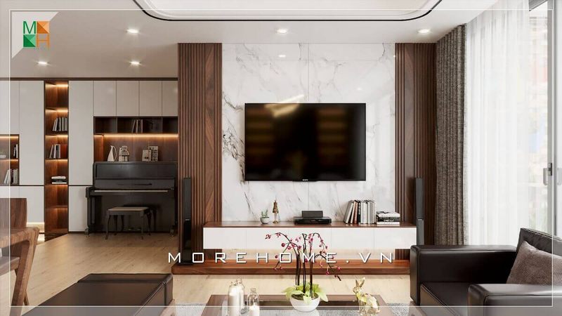 Mẫu thiết kế phòng khách phong cách hiện đại có piano, phù hợp với không gian phòng khách có diện tích lớn như chung cư, biệt thự cao cấp giúp tạo nên giá trị sang trọng, cũng như tính thẩm mỹ cao cho phòng khách của bạn